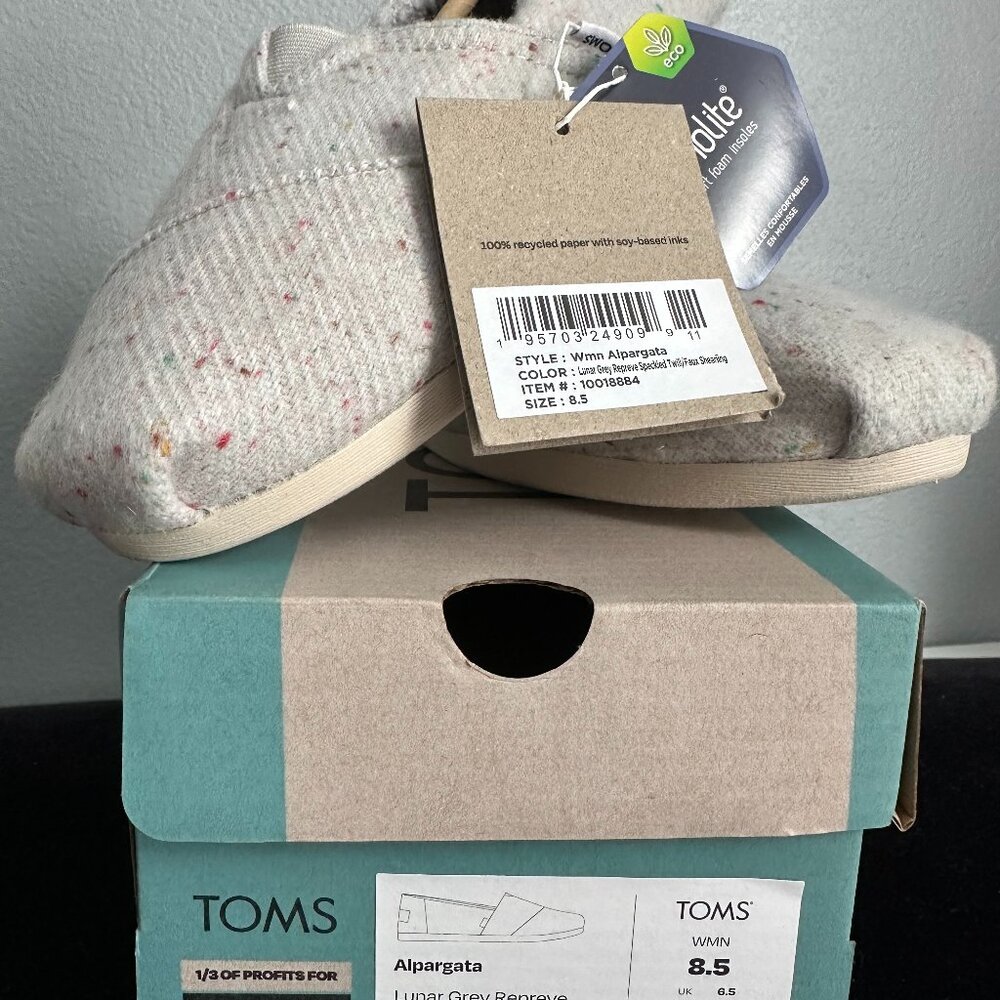 TOMS Alpargata Lunar Grey Repreve Speckled Twill Faux Shearling 8.5 NWT